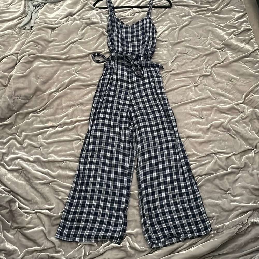 Navy Blue and White Plaid Hollister Jumpsuit